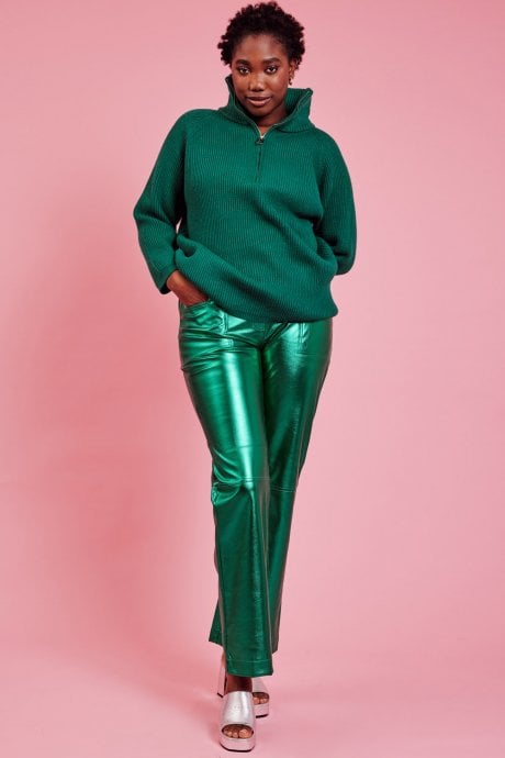 JAYLEY Funnel Neck Ribbed Jumper In Green