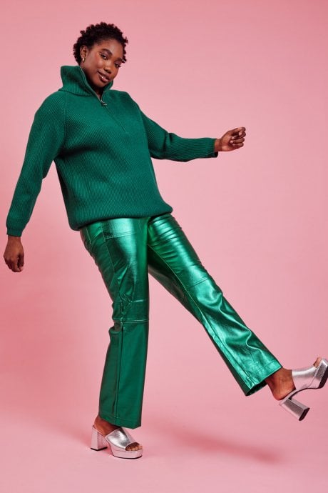 JAYLEY Funnel Neck Ribbed Jumper in Green
