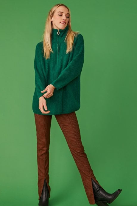 JAYLEY Funnel Neck Ribbed Jumper In Green