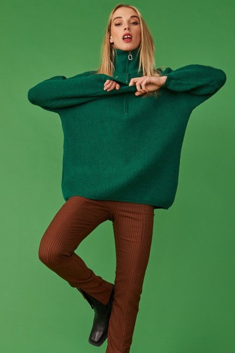 JAYLEY Funnel Neck Ribbed Jumper In Green