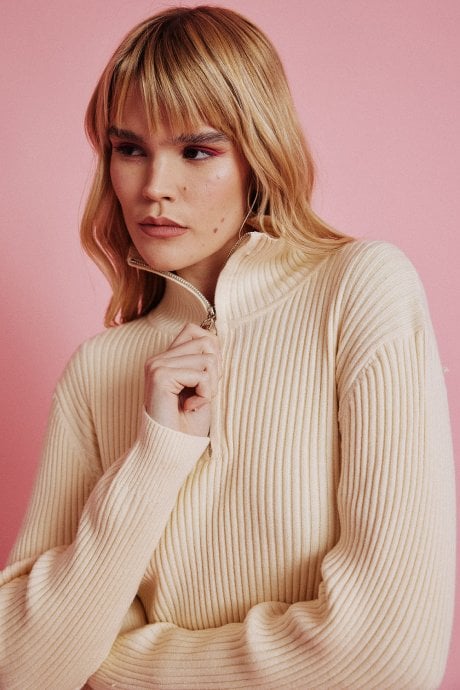 JAYLEY Funnel Neck Ribbed Jumper in White