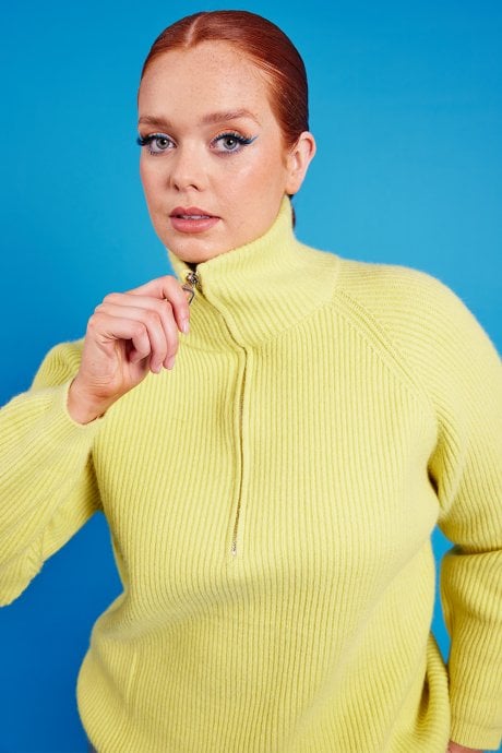 JAYLEY Funnel Neck Ribbed Jumper In Yellow