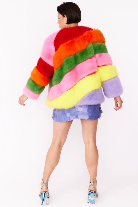 JAYLEY Gaga Faux Fur Striped Rainbow Coat
