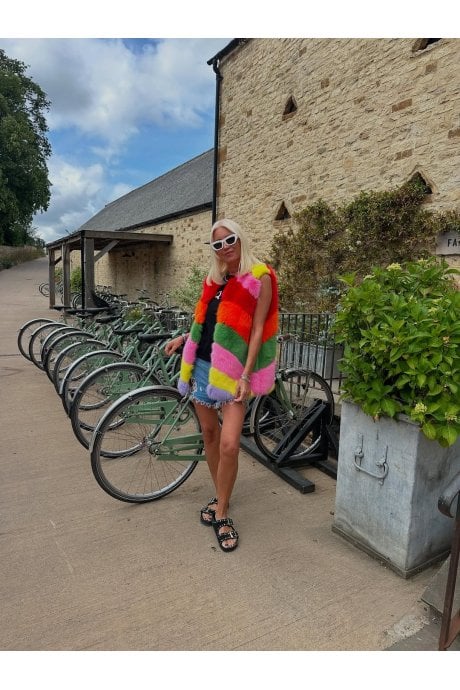 JAYLEY Gaga Faux Fur Striped Rainbow Gilet | Waistcoat