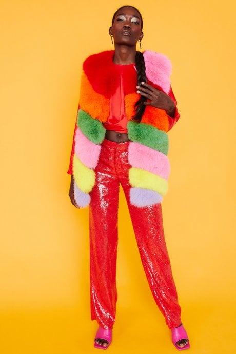 JAYLEY Gaga Faux Fur Striped Rainbow Gilet | Waistcoat