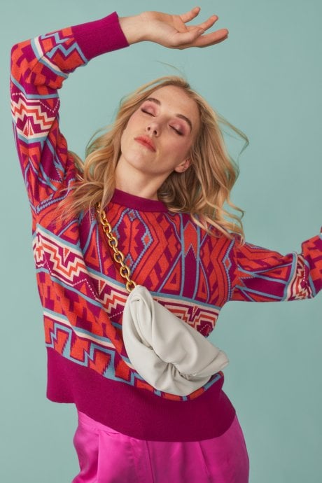 JAYLEY Geo Print Jumper In Pink And Red