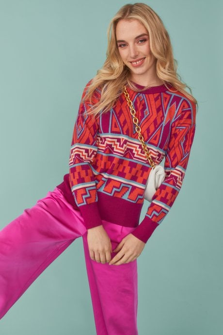 JAYLEY Geo Print Jumper in pink and red