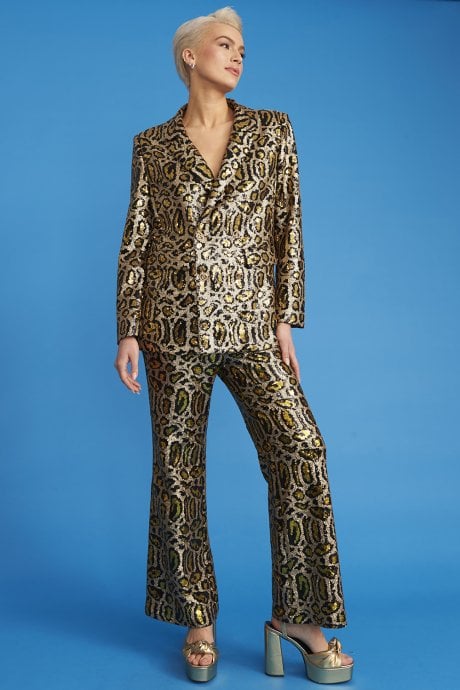 JAYLEY Gold Animal Print Sequin Blazer