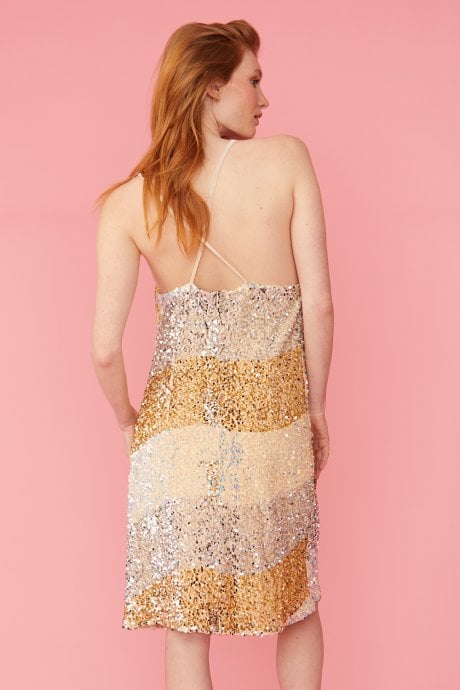 JAYLEY Gold Champagne And White Sequin Velvet Dress