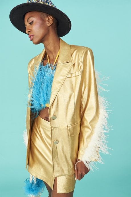 JAYLEY Gold Faux Leather Blazer with Feather Details
