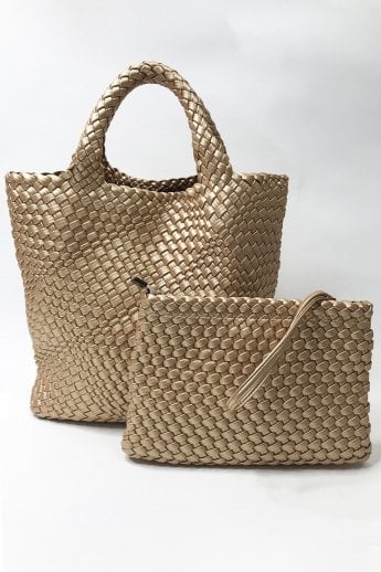 JAYLEY Gold Hand Knitted ECO Leather Tote Bag With Matching Purse