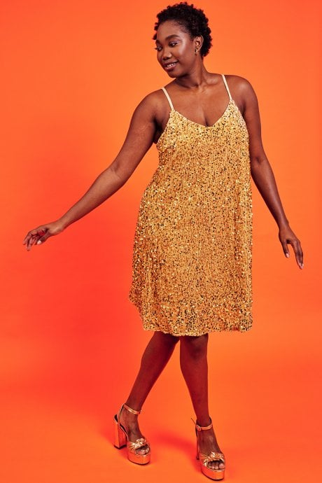 JAYLEY Gold Sequin Cami Swing Dress
