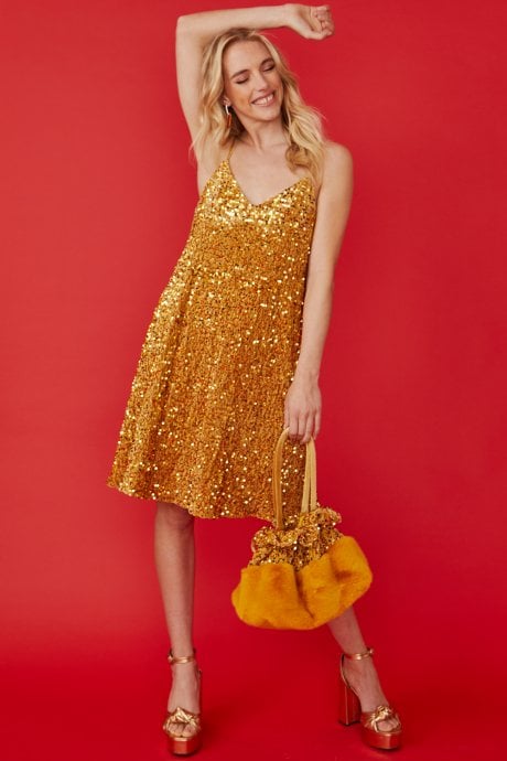 JAYLEY Gold Sequin Cami Swing Dress
