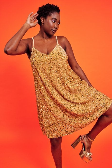 JAYLEY Gold Sequin Cami Swing Dress
