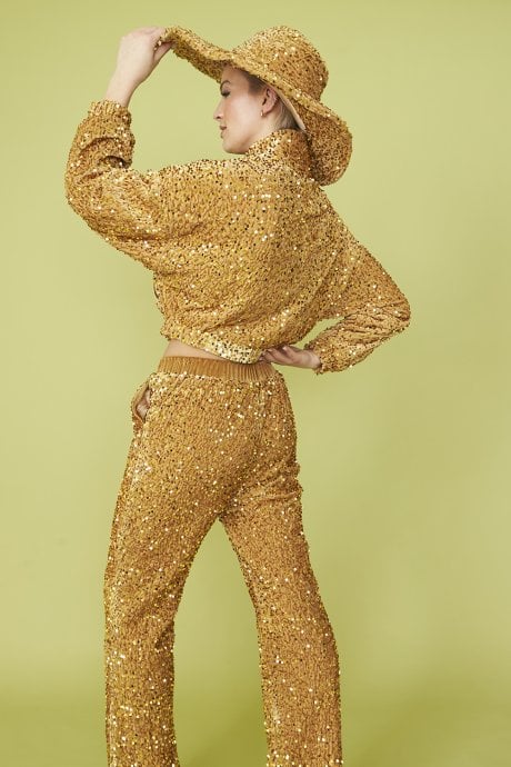 JAYLEY Gold Sequin Cropped Biker Jacket