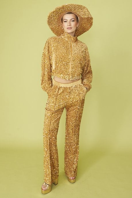 JAYLEY Gold Sequin Cropped Biker Jacket