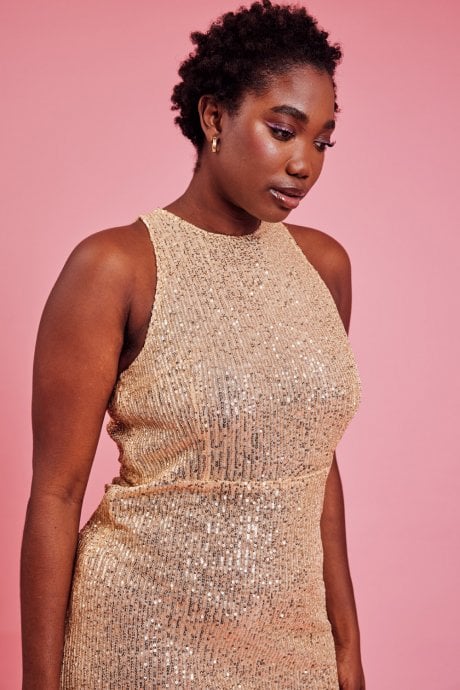 JAYLEY Gold Sequin Lightweight Maxi Dress