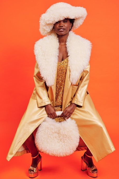 JAYLEY Gold Trench Coat with Belt and Mongolian Fur Collar