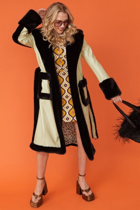 JAYLEY Green And Black Faux Fur And Faux Suede Trench Coat