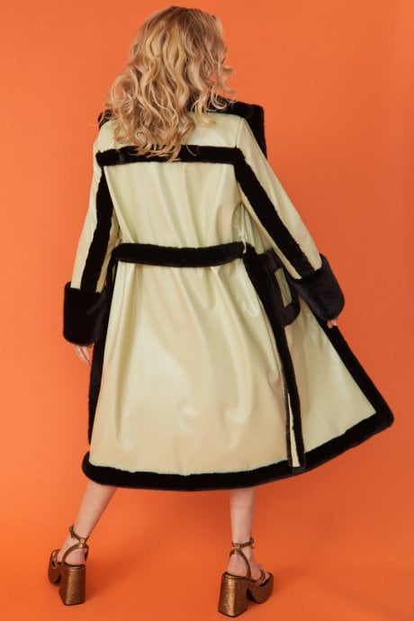 JAYLEY Green And Black Faux Fur And Faux Suede Trench Coat