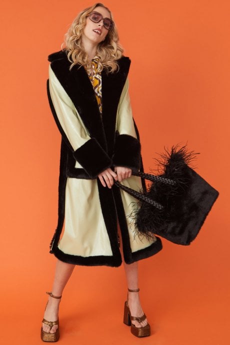 JAYLEY Green and Black Faux Fur and Faux Suede Trench Coat