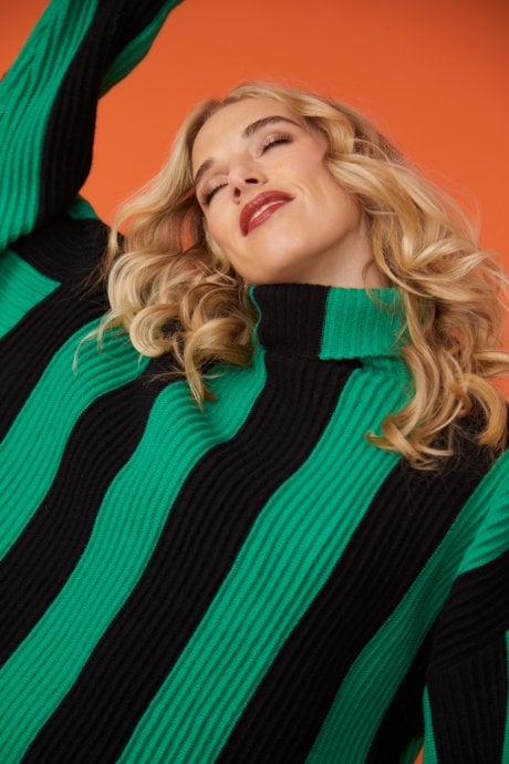 JAYLEY Green And Black Striped Cashmere Roll Neck Jumper