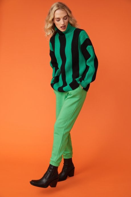 JAYLEY Green And Black Striped Cashmere Roll Neck Jumper