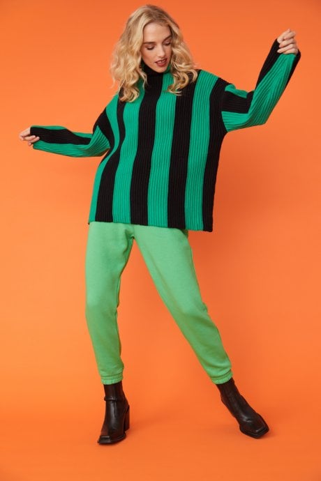 JAYLEY Green and Black Striped Cashmere Roll Neck Jumper