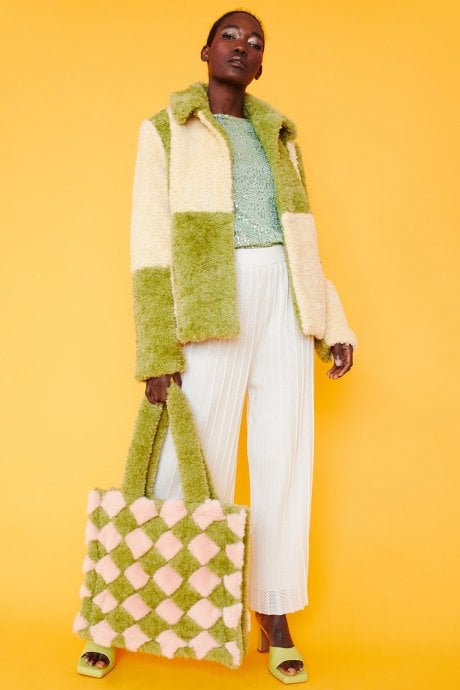 JAYLEY Green And Cream Faux Shearling Checkered Oversized Coat