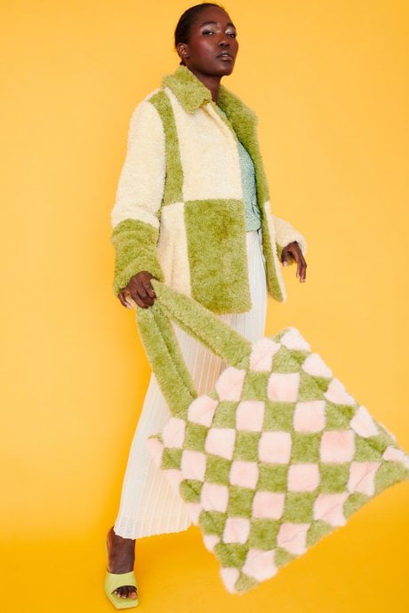 JAYLEY Green And Cream Faux Shearling Checkered Oversized Coat