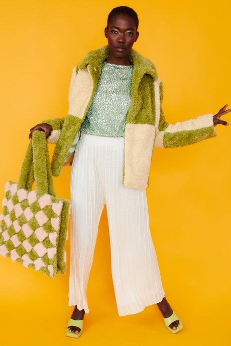 JAYLEY Green And Cream Faux Shearling Checkered Oversized Coat