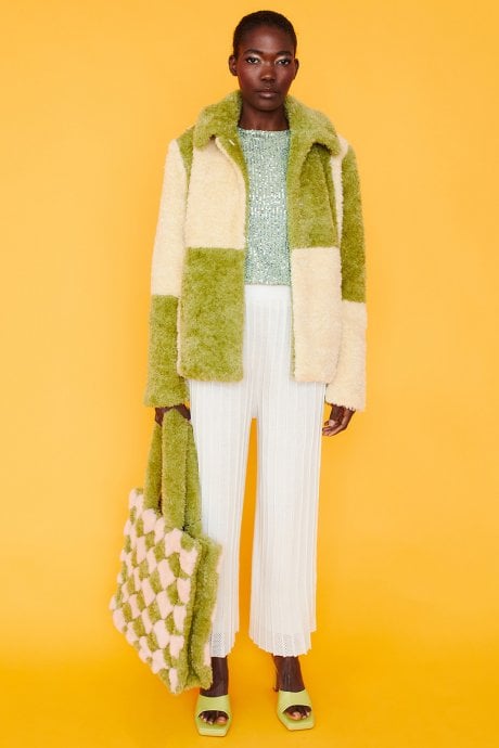 JAYLEY Green and Cream Faux Shearling Checkered Oversized Coat
