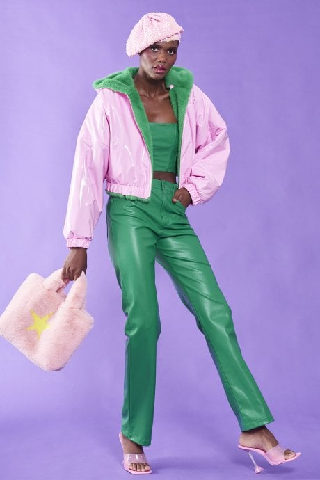 JAYLEY Green And Pink Faux Fur And Eco Leather Reversible Hooded Bomber Jacket