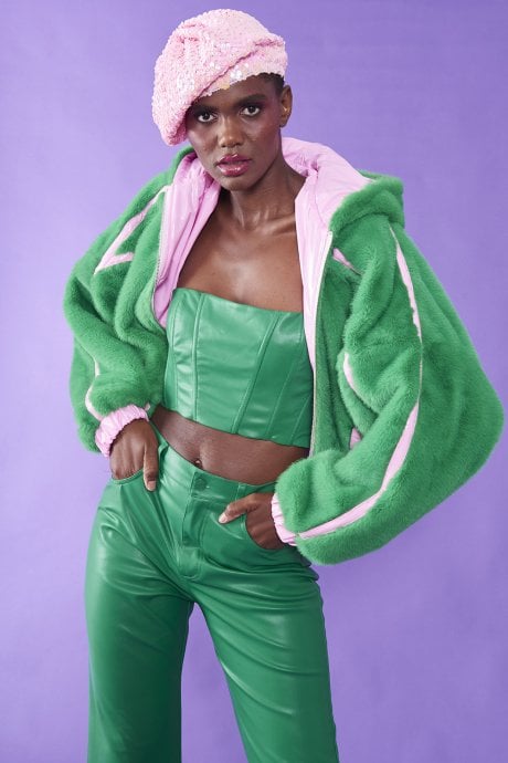 JAYLEY Green And Pink Faux Fur And Eco Leather Reversible Hooded Bomber Jacket