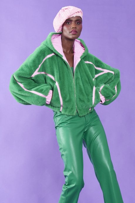JAYLEY Green And Pink Faux Fur And Eco Leather Reversible Hooded Bomber Jacket