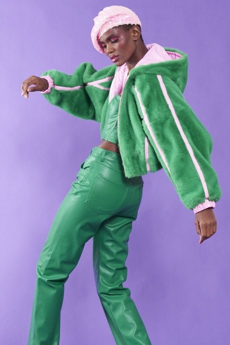 JAYLEY Green and Pink Faux Fur and Eco Leather Reversible Hooded Bomber Jacket