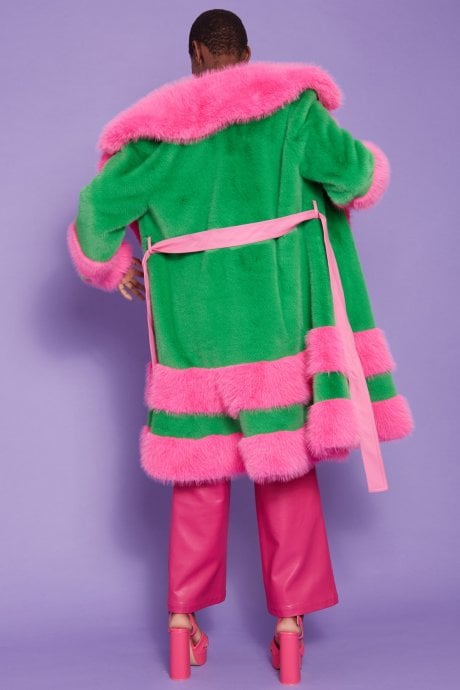 JAYLEY Green And Pink Handmade Bamboo Faux Fur Coat