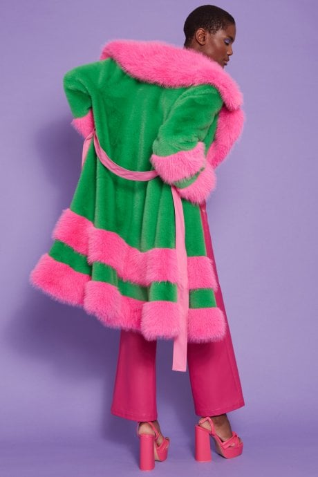 JAYLEY Green And Pink Handmade Bamboo Faux Fur Coat
