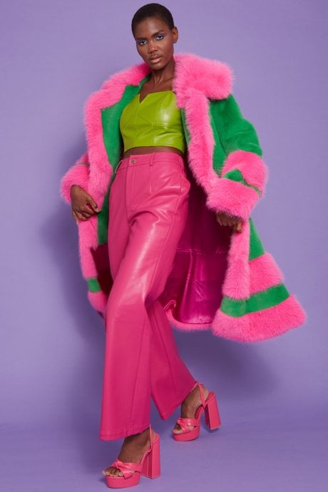 JAYLEY Green And Pink Handmade Bamboo Faux Fur Coat