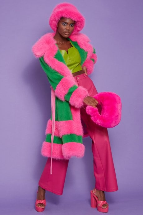 JAYLEY Green and Pink Handmade Bamboo Faux Fur Coat