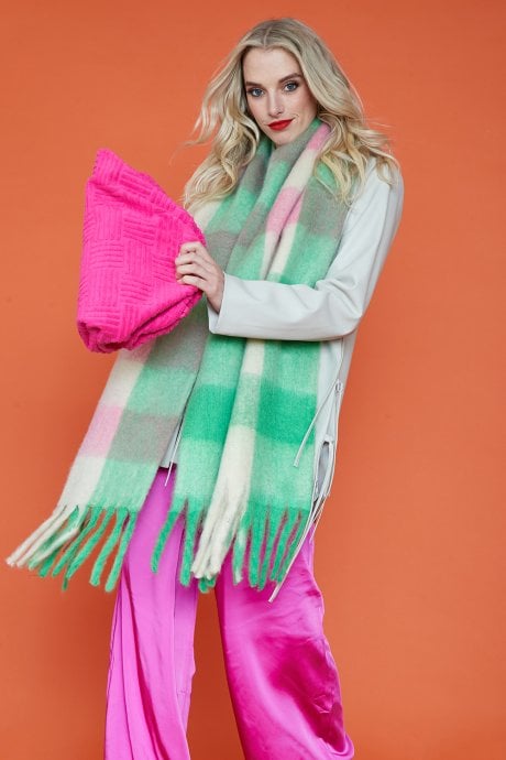 JAYLEY Green And Pink Multi Check Cashmere Blend Scarf