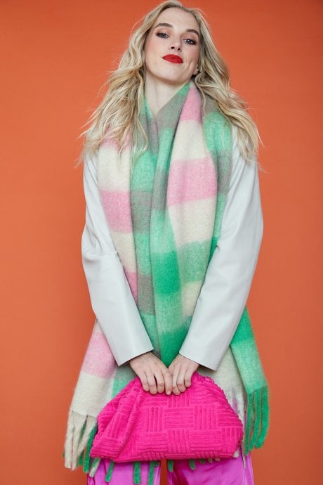 JAYLEY Green And Pink Multi Check Cashmere Blend Scarf