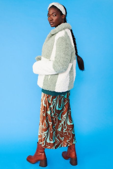 JAYLEY Green And White Faux Shearling Checkered Oversized Coat