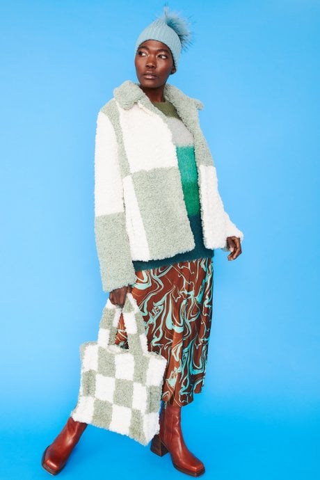 JAYLEY Green And White Faux Shearling Checkered Oversized Coat