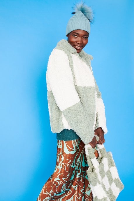 JAYLEY Green And White Faux Shearling Checkered Oversized Coat