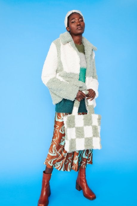 JAYLEY Green and White Faux Shearling Checkered Oversized Coat