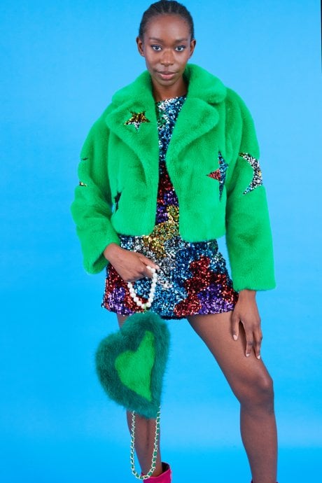 JAYLEY Green Bamboo Faux Fur Sequins Star Jacket