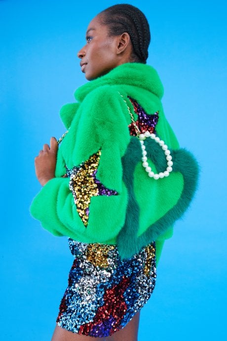 JAYLEY Green Bamboo Faux Fur Sequins Star Jacket