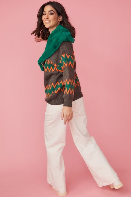 JAYLEY Green Banana Peel & Faux Fur Collar & Cardigan