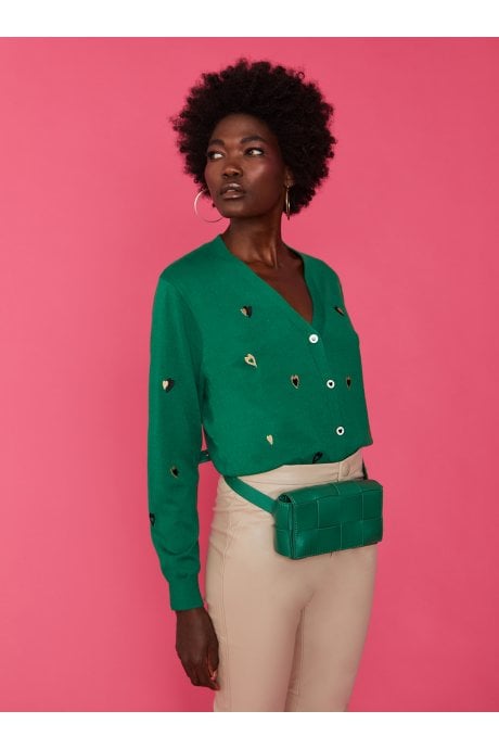 JAYLEY Green Cashmere & Banana Peel Cardigan With Heart Design